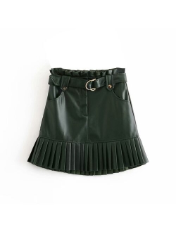 Women Black Pu Leather Skirt with Belt Fashion Streetwear Ruffles Pleated Mini Skirts A-Line Party Club Sexy Short Skirt