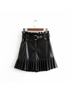 Women Black Pu Leather Skirt with Belt Fashion Streetwear Ruffles Pleated Mini Skirts A-Line Party Club Sexy Short Skirt