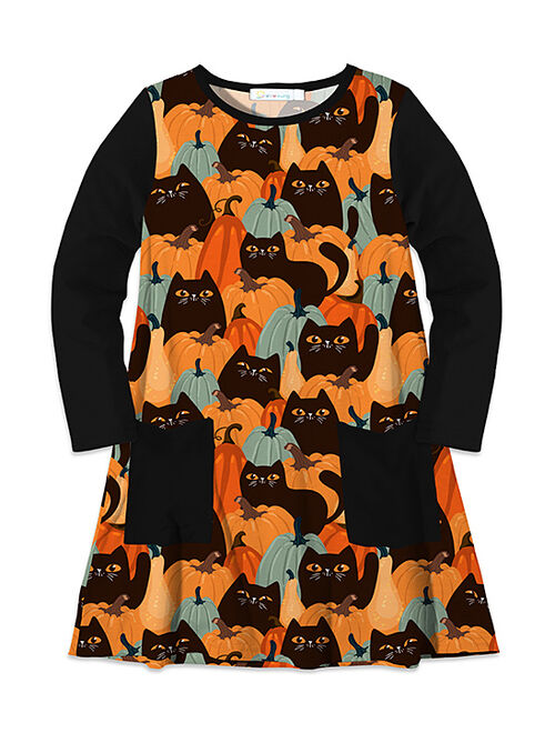 Sunshine Swing Black & Orange Pumpkin & Cat Long-Sleeve Pocket Dress - Girls