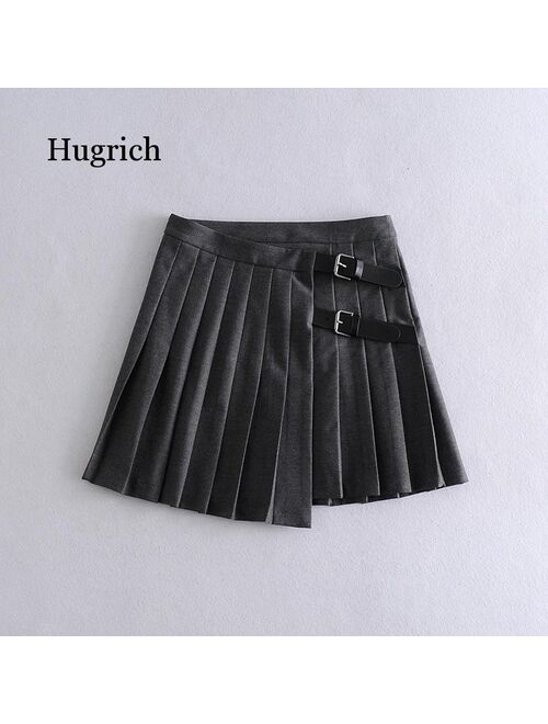 Women Sweet Buckle Decoration Solid Pleated Mini Skirt Faldas Mujer England Style Female Casual Slim Chic Vestido 2021