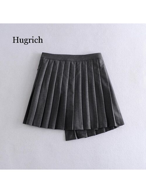 Women Sweet Buckle Decoration Solid Pleated Mini Skirt Faldas Mujer England Style Female Casual Slim Chic Vestido 2021