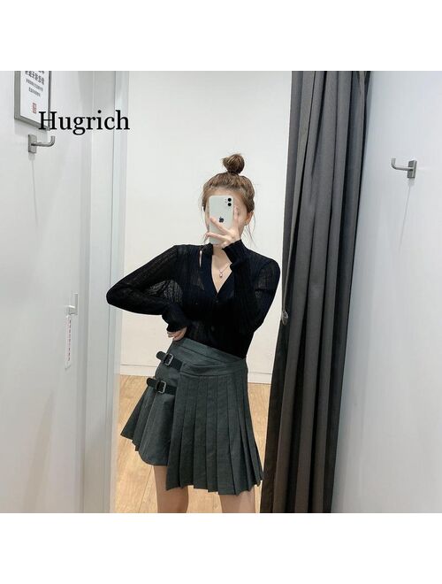 Women Sweet Buckle Decoration Solid Pleated Mini Skirt Faldas Mujer England Style Female Casual Slim Chic Vestido 2021