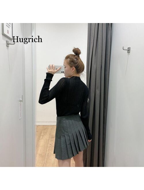 Women Sweet Buckle Decoration Solid Pleated Mini Skirt Faldas Mujer England Style Female Casual Slim Chic Vestido 2021