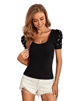 Women's Sweetheart Neck Mesh Puff Sleeve Slim Fitted Tee Top