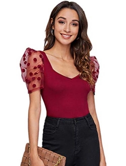 Women's Sweetheart Neck Mesh Puff Sleeve Slim Fitted Tee Top