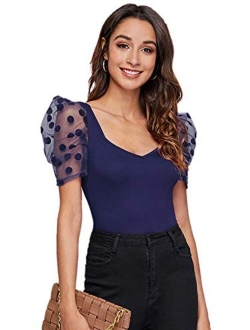 Women's Sweetheart Neck Mesh Puff Sleeve Slim Fitted Tee Top