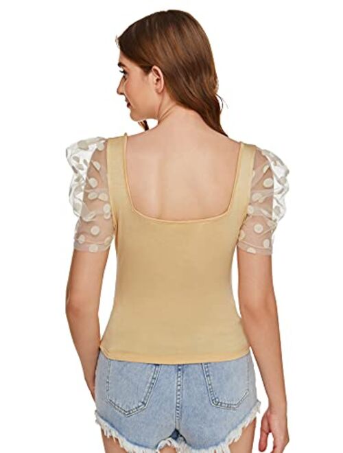 Verdusa Women's Sweetheart Neck Mesh Puff Sleeve Slim Fitted Tee Top