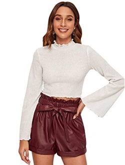 Women's Lettuce Trim Bell Long Sleeve Ribbed Crop Tee Top