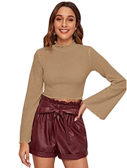 Women's Lettuce Trim Bell Long Sleeve Ribbed Crop Tee Top