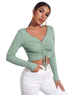 Women's Ruched Drawstring Front Cow Print V Neck Crop Tee Top