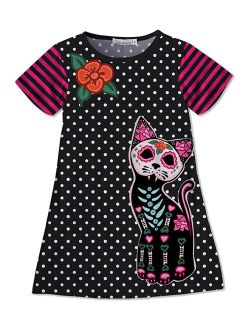 Sunshine Swing Black Polka Dot & Pink Floral Cat Shift Dress - Girls