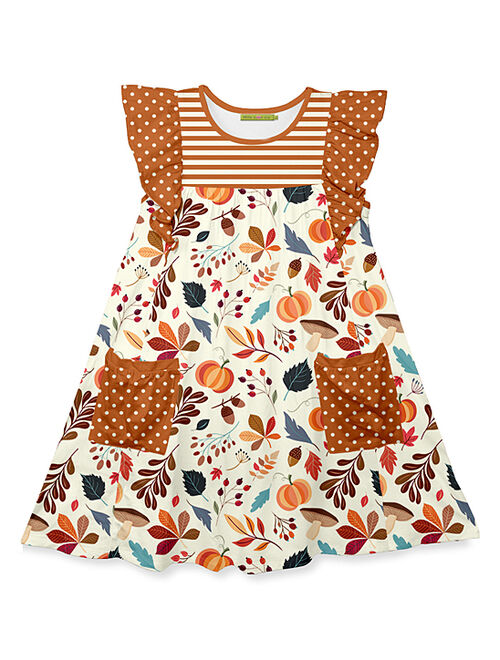 Millie Loves Lily Ecru & Orange Pumpkin Pocket Angel-Sleeve Dress - Toddler & Girls