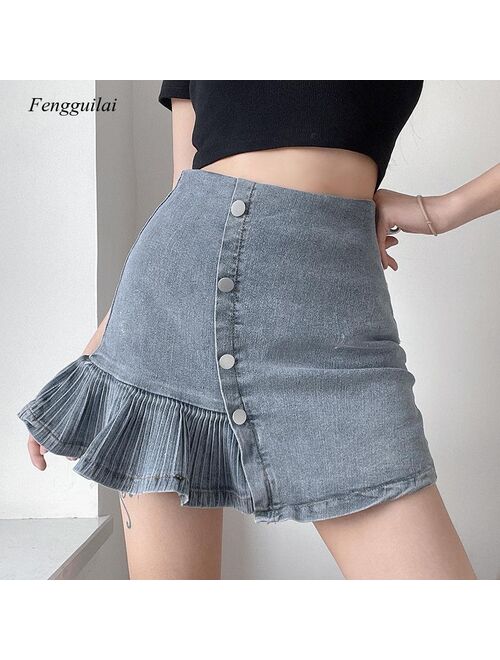 2021 High Waist Versatile Retro Fishtail Irregular Denim Women's Small Breasted A-Line Skirt