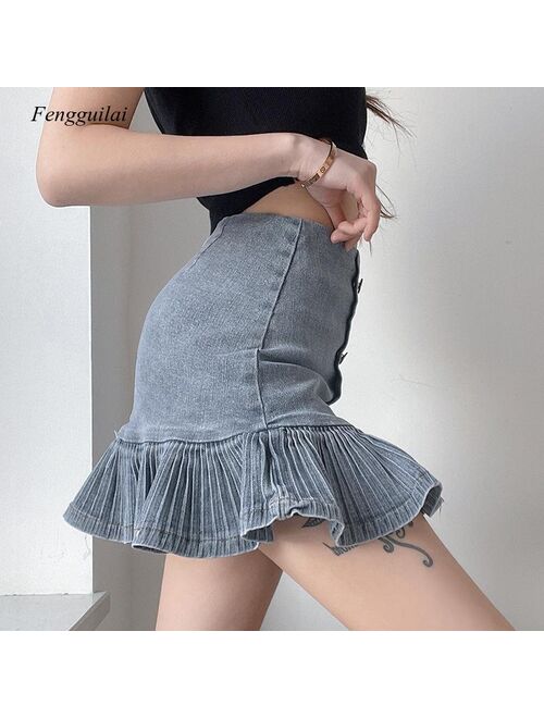 2021 High Waist Versatile Retro Fishtail Irregular Denim Women's Small Breasted A-Line Skirt