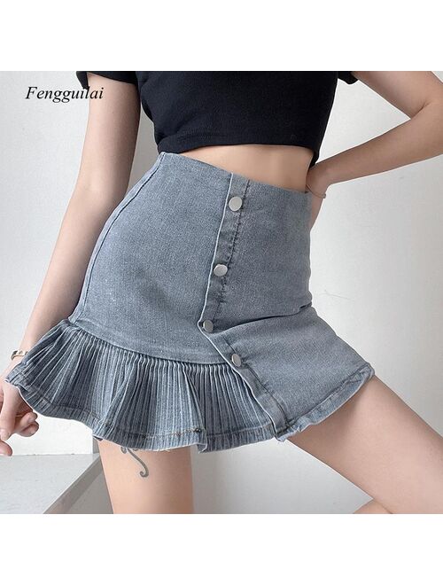 2021 High Waist Versatile Retro Fishtail Irregular Denim Women's Small Breasted A-Line Skirt