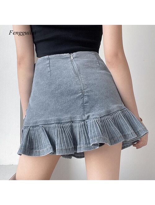 2021 High Waist Versatile Retro Fishtail Irregular Denim Women's Small Breasted A-Line Skirt