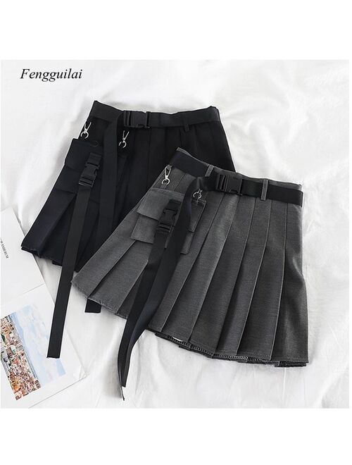 Fashion High Waist Harajuku Women Skirts Safari Black Red Short Womens Streetwear Tooling Half-Length Pleated Skirt