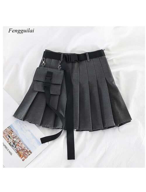 Fashion High Waist Harajuku Women Skirts Safari Black Red Short Womens Streetwear Tooling Half-Length Pleated Skirt