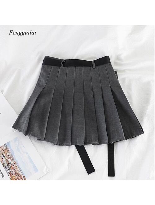 Fashion High Waist Harajuku Women Skirts Safari Black Red Short Womens Streetwear Tooling Half-Length Pleated Skirt