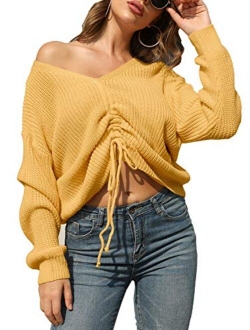 Women's Casual Drawstring Front V Neck Long Sleeve Knit Pullover Sweater