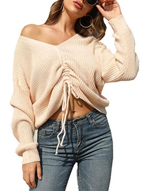 BerryGo Women's Casual Drawstring Front V Neck Long Sleeve Knit Pullover Sweater