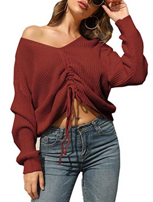 BerryGo Women's Casual Drawstring Front V Neck Long Sleeve Knit Pullover Sweater