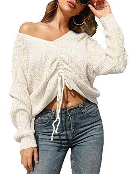 BerryGo Women's Casual Drawstring Front V Neck Long Sleeve Knit Pullover Sweater