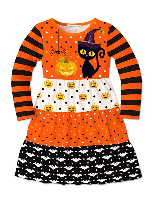 Sunshine Swing Orange & Black Pumpkin Cat Color Block Long-Sleeve Shift Dress - Girls