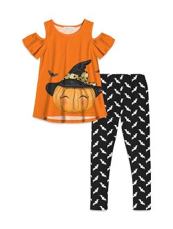 Sunshine Swing Orange Pumpkin Cold-Shoulder Top & Black Bat Leggings - Girls