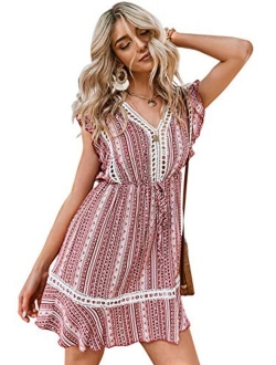 Women's Boho Floral Ruffle Mini Dress Sleeveless V Neck A-line Dress