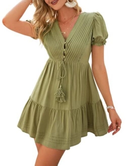 Women's Boho Floral Ruffle Mini Dress Sleeveless V Neck A-line Dress