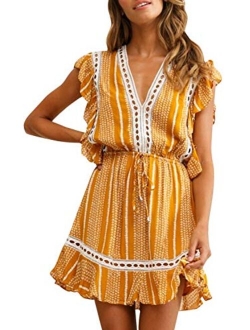 Women's Boho Floral Ruffle Mini Dress Sleeveless V Neck A-line Dress