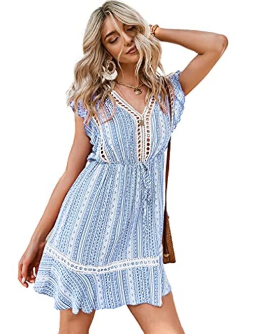 BerryGo Women's Boho Floral Ruffle Mini Dress Sleeveless V Neck A-line Dress