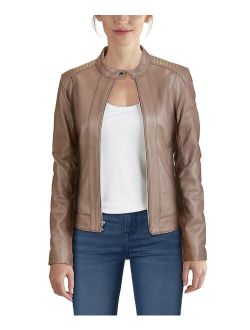 | Taupe Zip-Front Leather Moto Jacket - Women