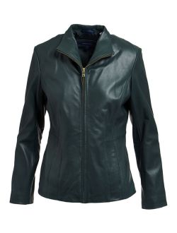 | Emerald Zip-Front Bal Collar Leather Jacket - Women