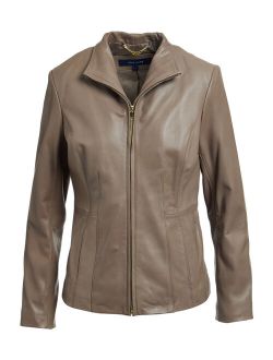 | Taupe Zip-Front Bal Collar Leather Jacket - Women