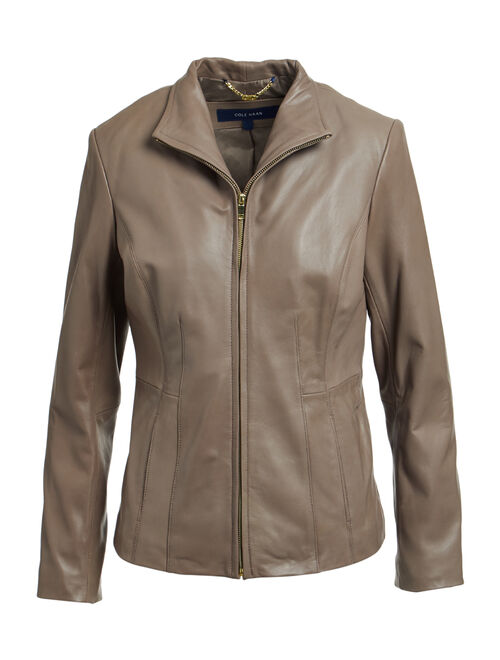 Cole Haan | Taupe Zip-Front Bal Collar Leather Jacket - Women