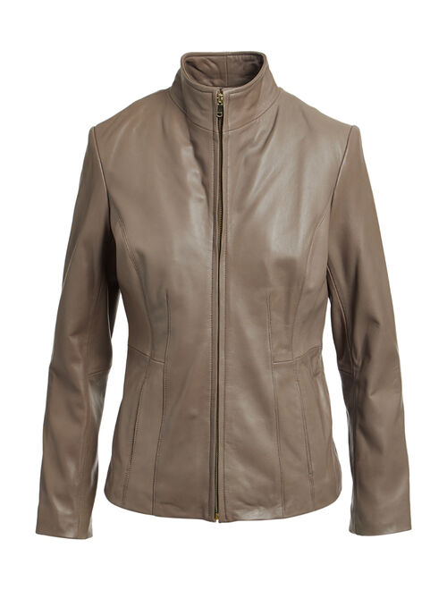 Cole Haan | Taupe Zip-Front Bal Collar Leather Jacket - Women