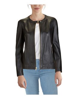 | Black Zip-Front Leather Jacket - Women