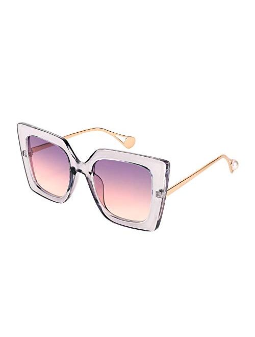 FEISEDY Oversized Square Pearl Inlay Arm Cat Eye Fashion Sunglasses for Women B2625