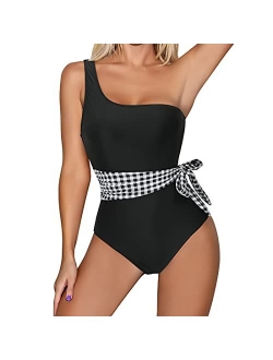 RXRXCOCO Women One Shoulder Bathing Suit Side Bandage Bowknot Tummy Control One Piece Swimsuit Swimwear