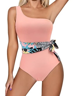 RXRXCOCO Women One Shoulder Bathing Suit Side Bandage Bowknot Tummy Control One Piece Swimsuit Swimwear