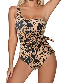 RXRXCOCO Women One Shoulder Bathing Suit Side Bandage Bowknot Tummy Control One Piece Swimsuit Swimwear