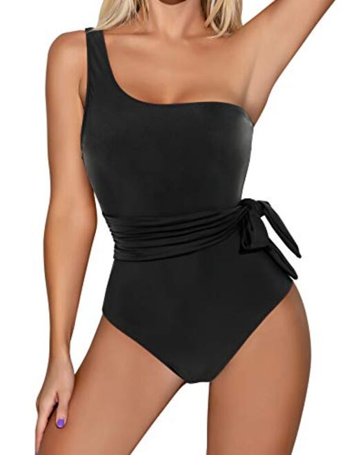 RXRXCOCO Women One Shoulder Bathing Suit Side Bandage Bowknot Tummy Control One Piece Swimsuit Swimwear