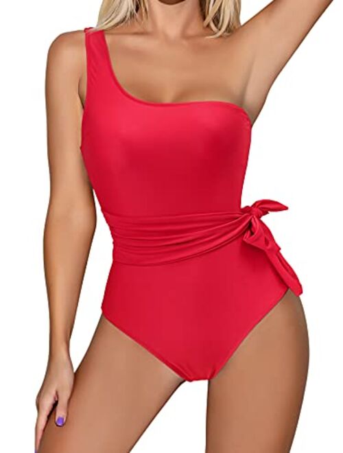 RXRXCOCO Women One Shoulder Bathing Suit Side Bandage Bowknot Tummy Control One Piece Swimsuit Swimwear