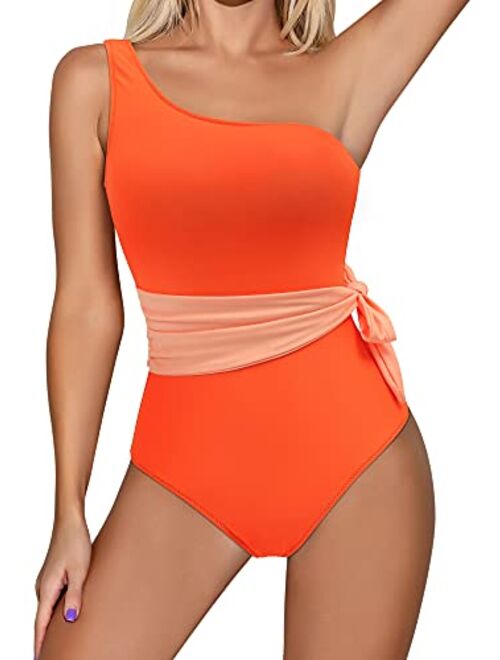 RXRXCOCO Women One Shoulder Bathing Suit Side Bandage Bowknot Tummy Control One Piece Swimsuit Swimwear