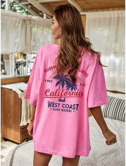 Letter And Tropical Print Oversized Tee