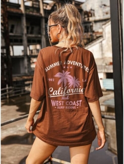 Letter And Tropical Print Oversized Tee