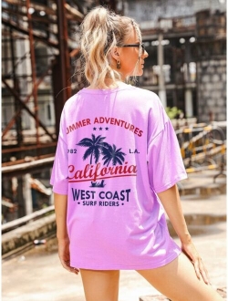 Letter And Tropical Print Oversized Tee