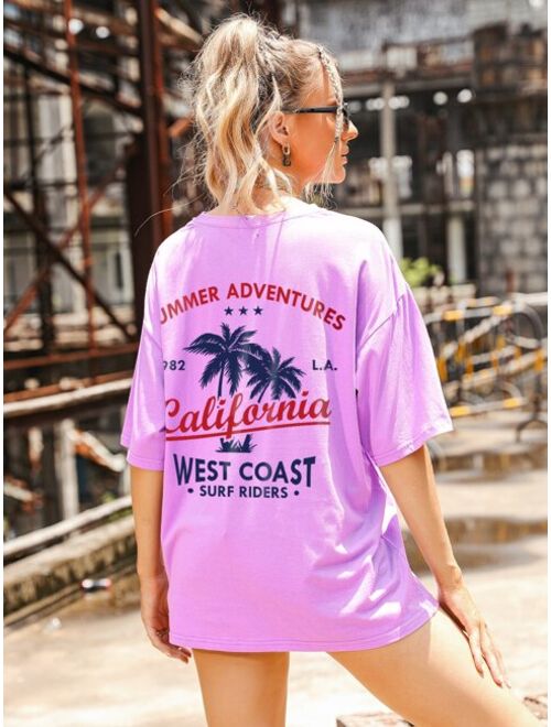 Shein Letter And Tropical Print Oversized Tee